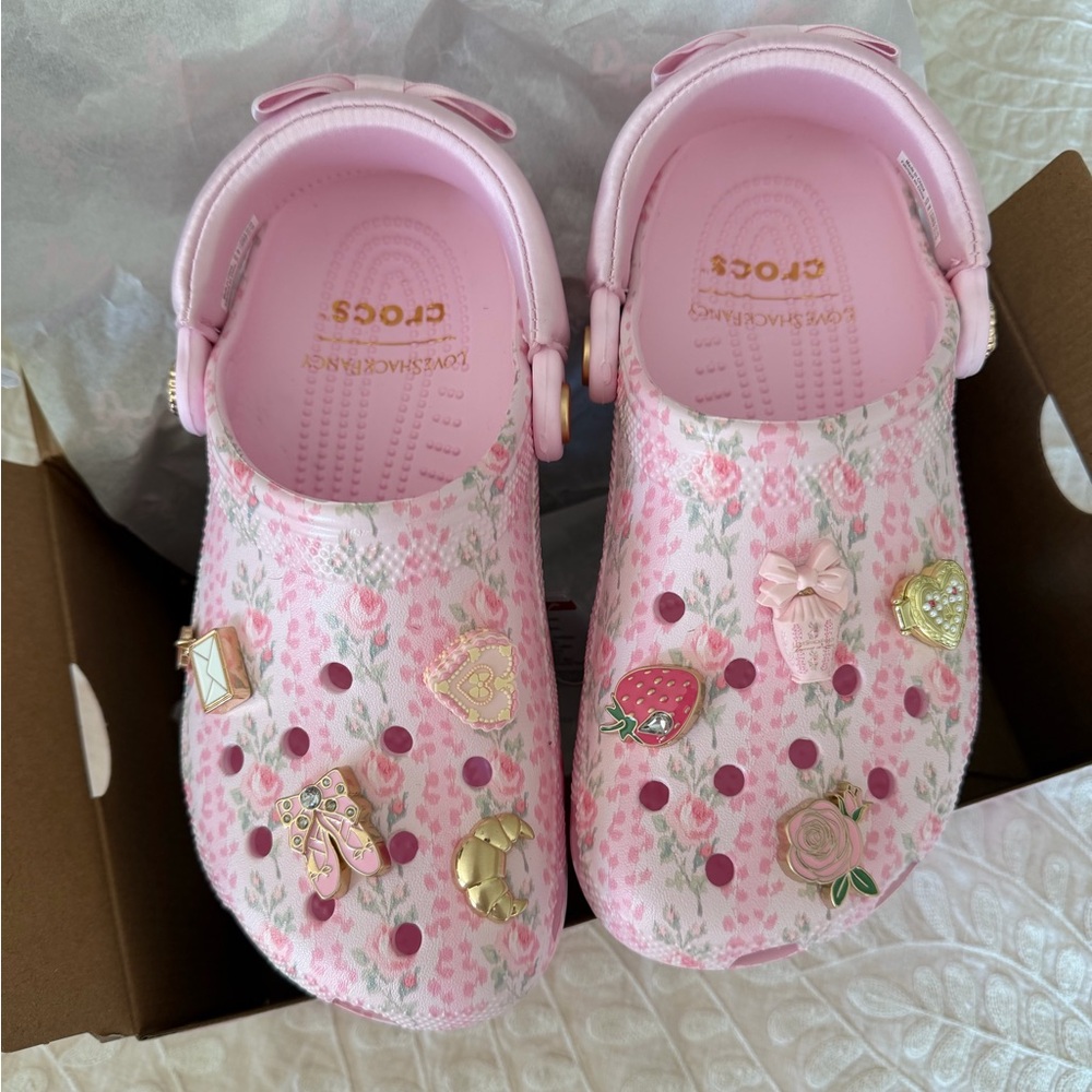 LoveShackFancy Pink Floral Crocs with Decorative Charms
